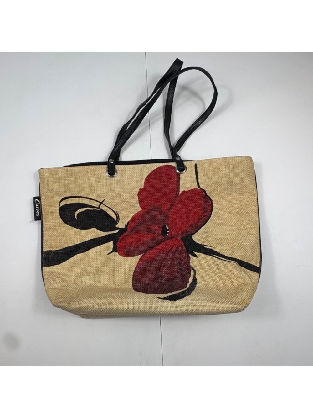 Floral Jute Tote Bag Beige Red‎ Flower Beach Market Boho Shopper